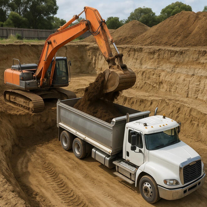 Excavator loading sand into a truck on a large excavation job.
