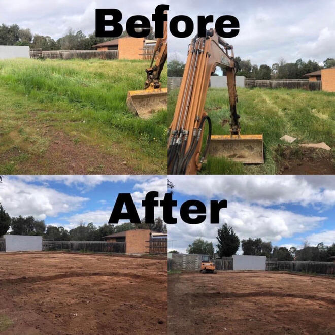 Before & After Excavation – All Equipped Plant Hire Comparison showing site before and after excavation work in Melbourne.